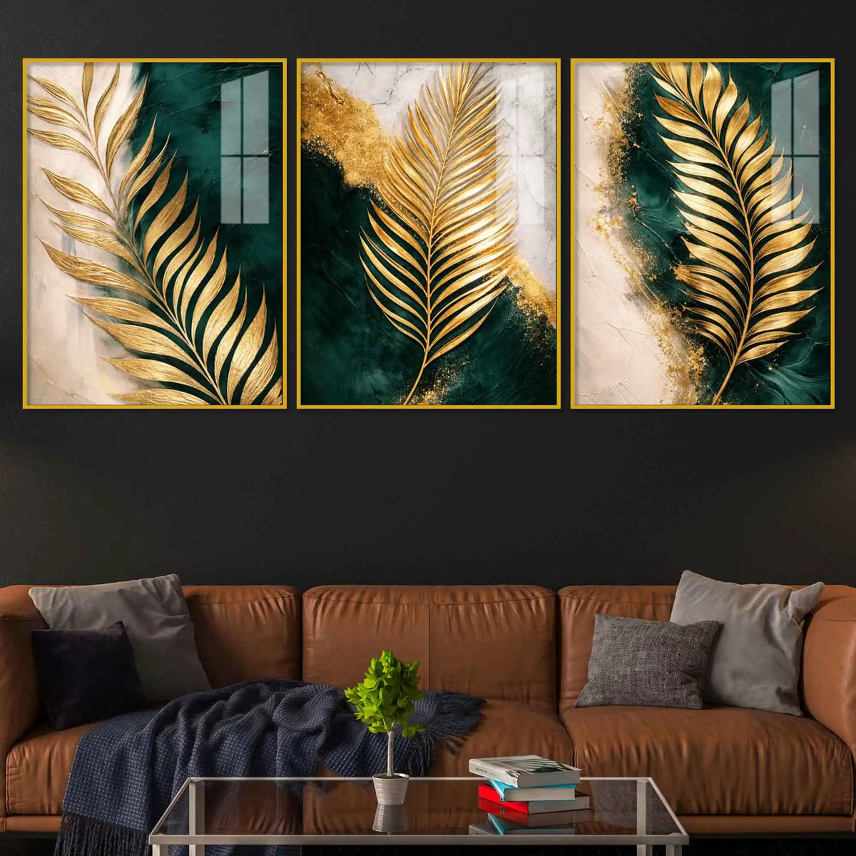 Luxury Palm Leaf Floating Acrylic Painting Set of 3