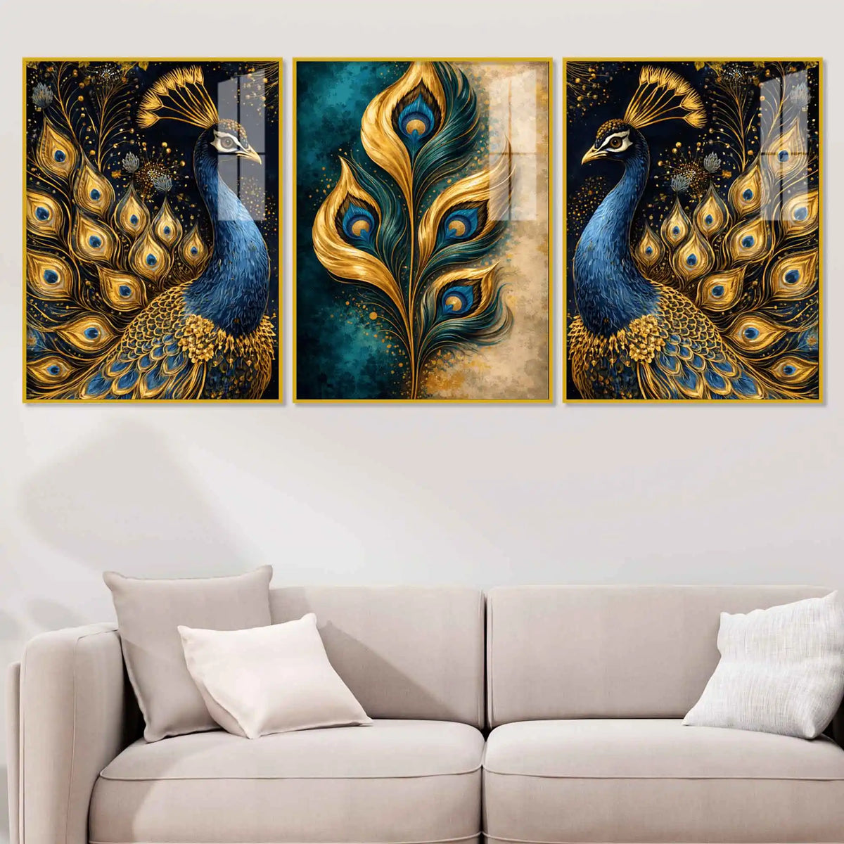 Luxury Peacock Feather Floating Acrylic Wall Painting Set of 3