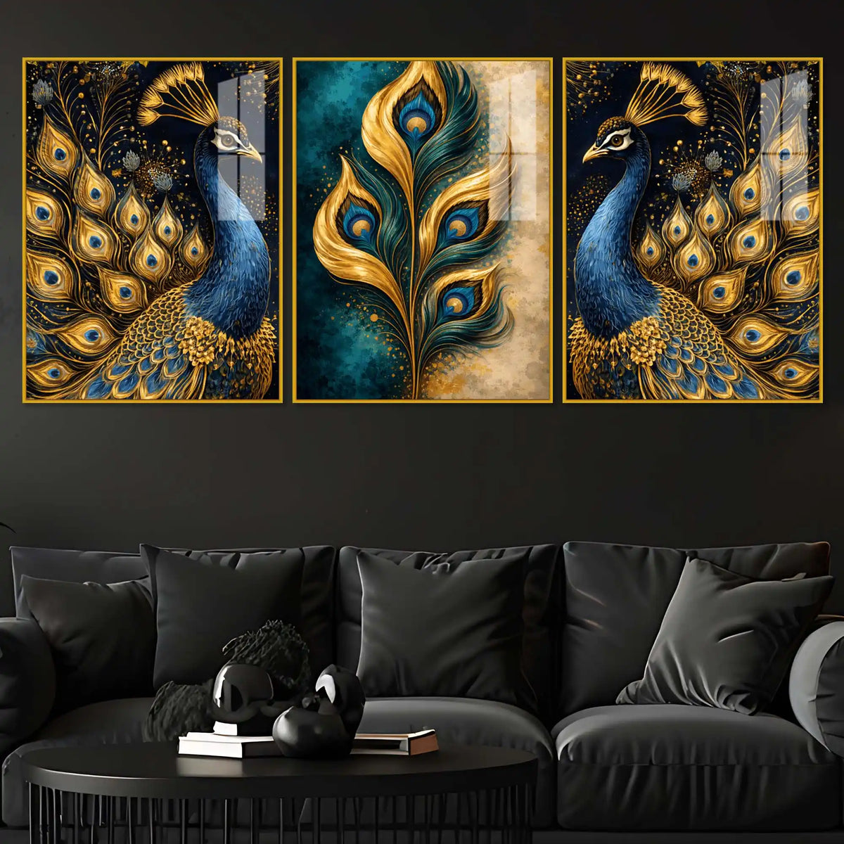 Luxury Peacock Feather Floating Acrylic Wall Painting Set of 3
