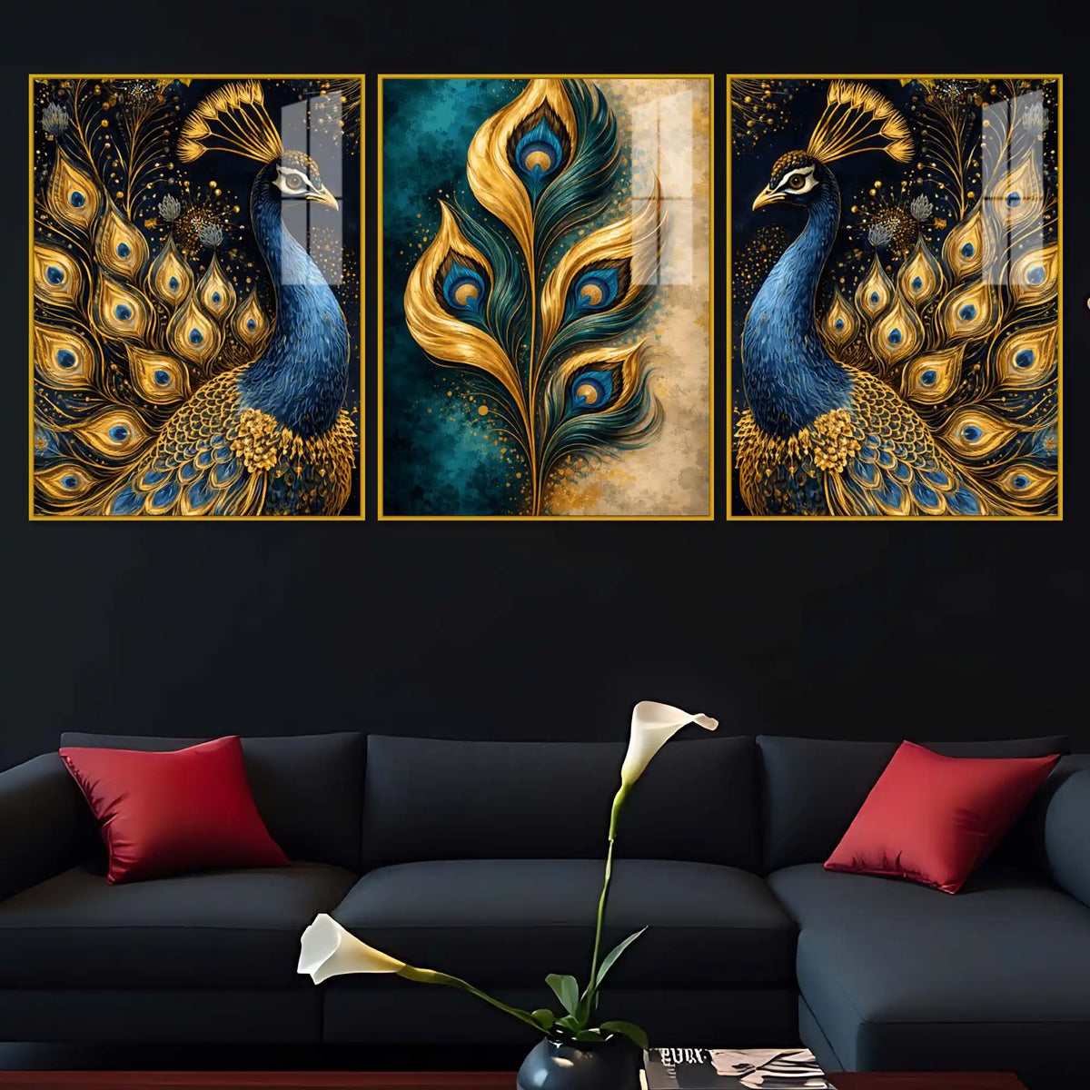 Luxury Peacock Feather Floating Acrylic Wall Painting Set of 3