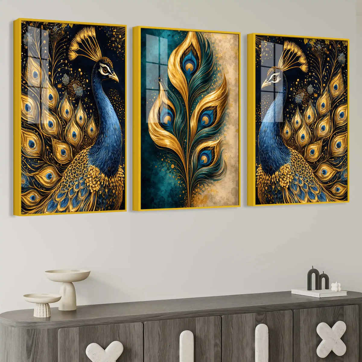 Luxury Peacock Feather Floating Acrylic Wall Painting Set of 3