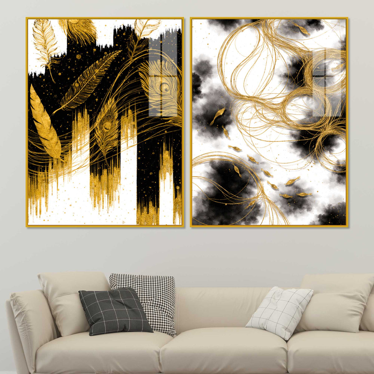 Luxury Peacock Feather Inspired Abstract Acrylic Floating Wall Painting Set of 2