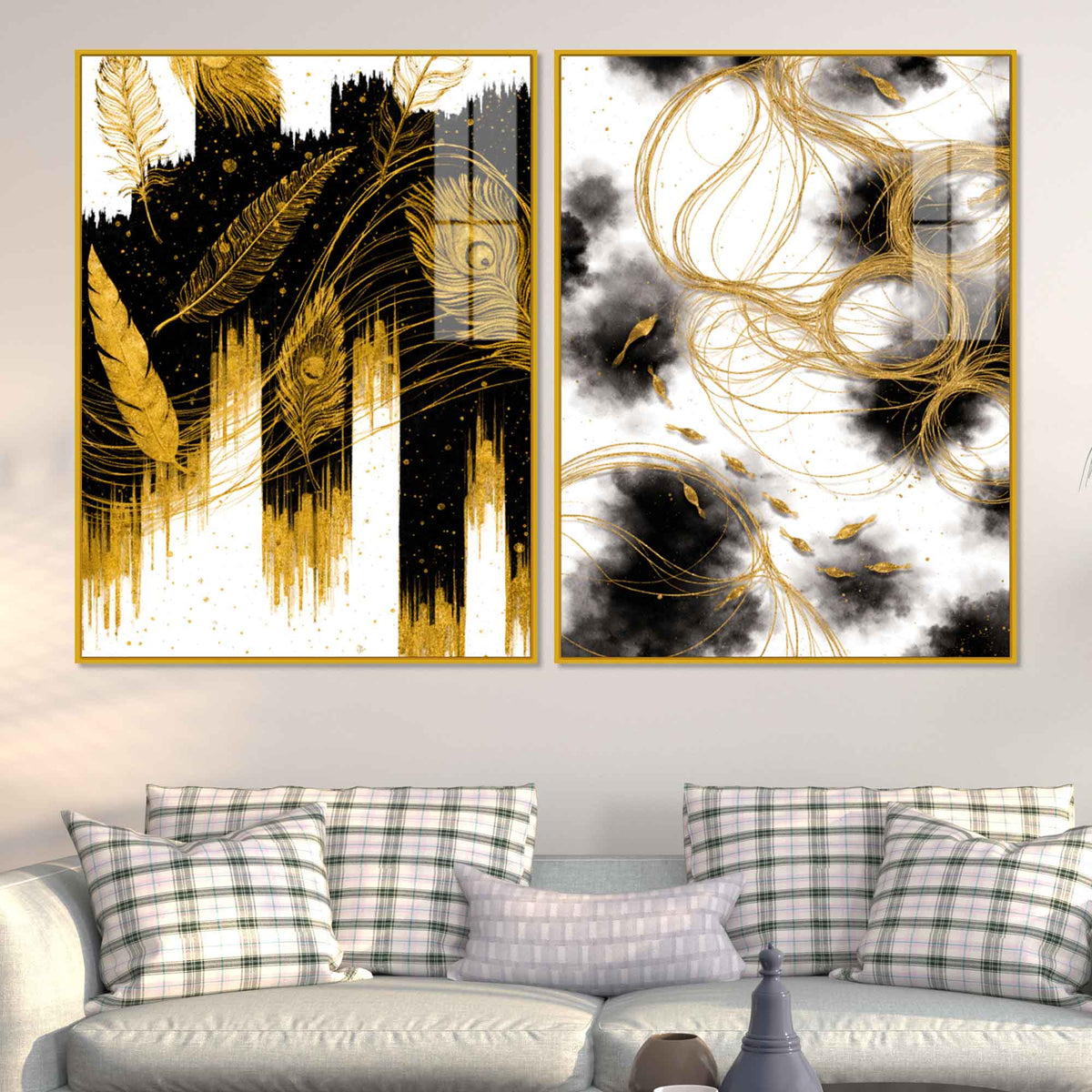 Luxury Peacock Feather Inspired Abstract Acrylic Floating Wall Painting Set of 2