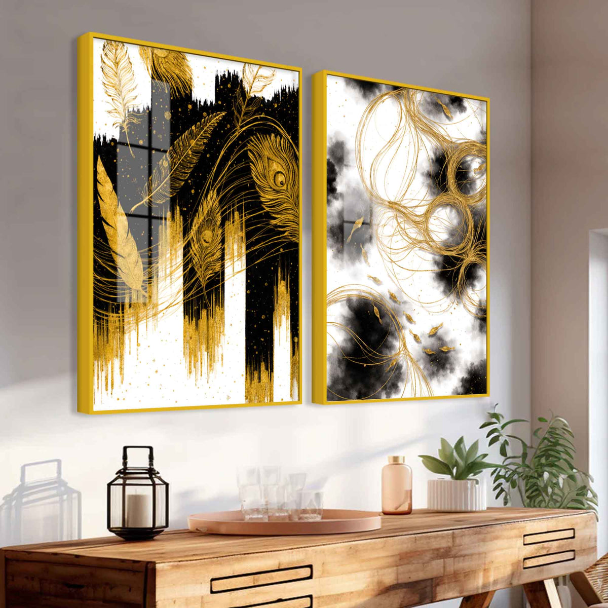 Luxury Peacock Feather Inspired Abstract Acrylic Floating Wall Painting Set of 2