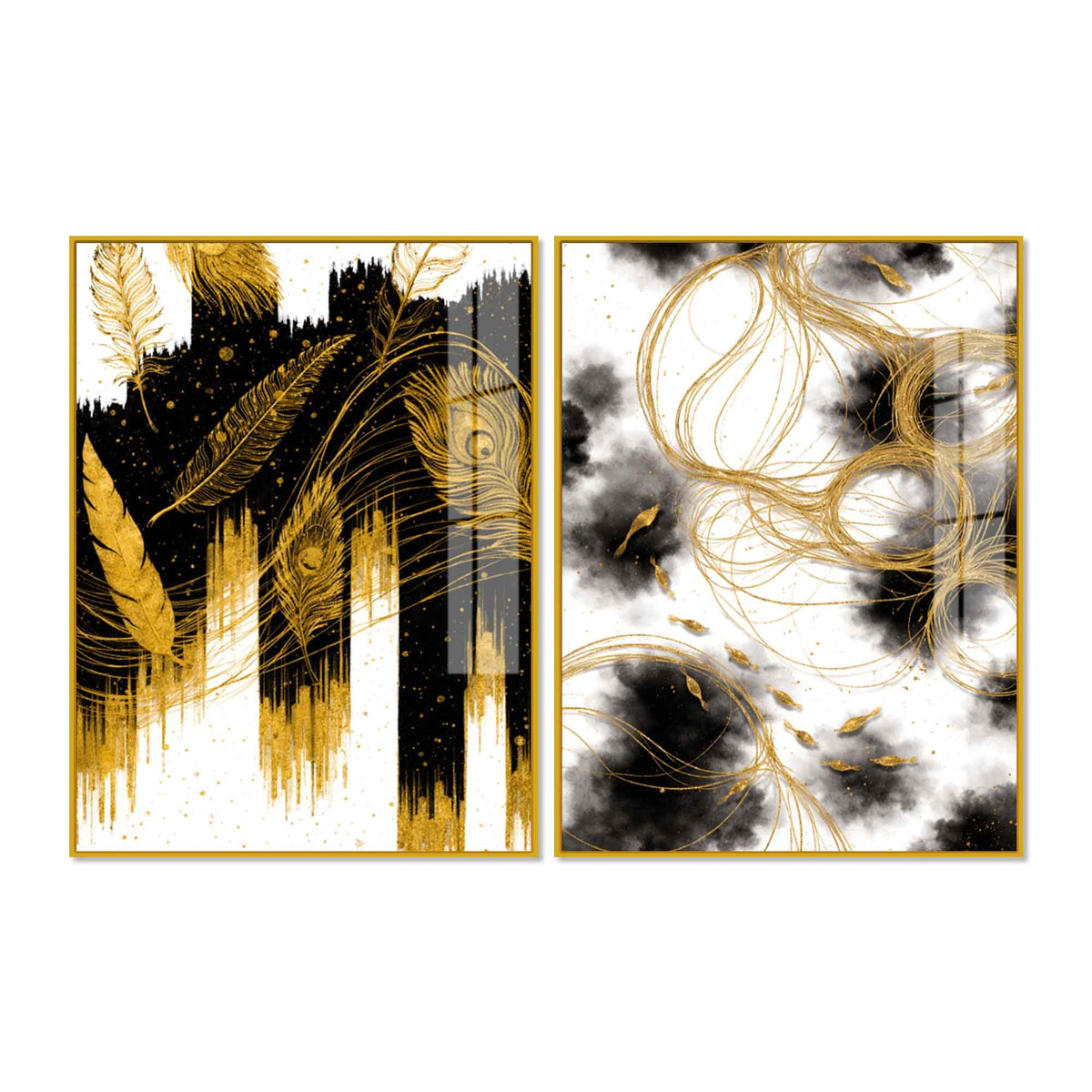 Luxury Peacock Feather Inspired Abstract Acrylic Floating Wall Painting Set of 2