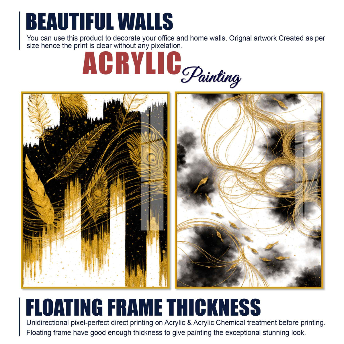 Luxury Peacock Feather Inspired Abstract Acrylic Floating Wall Painting Set of 2
