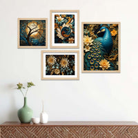 Luxury Peacock Wall Decor with Floral Art Frame Set of Four