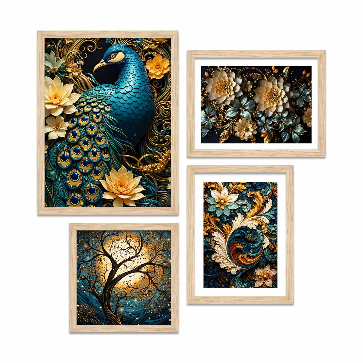 Luxury Peacock Wall Decor with Floral Art Frame Set of Four