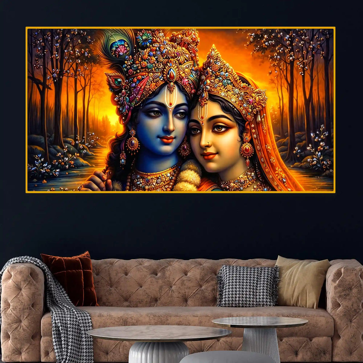 Luxury Radha Krishna Crystal Glass Wall Art Spiritual Painting