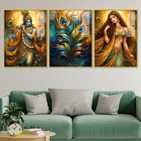 Luxury Radha Krishna Triptych Art Acrylic Floating Wall Painting Set of 3
