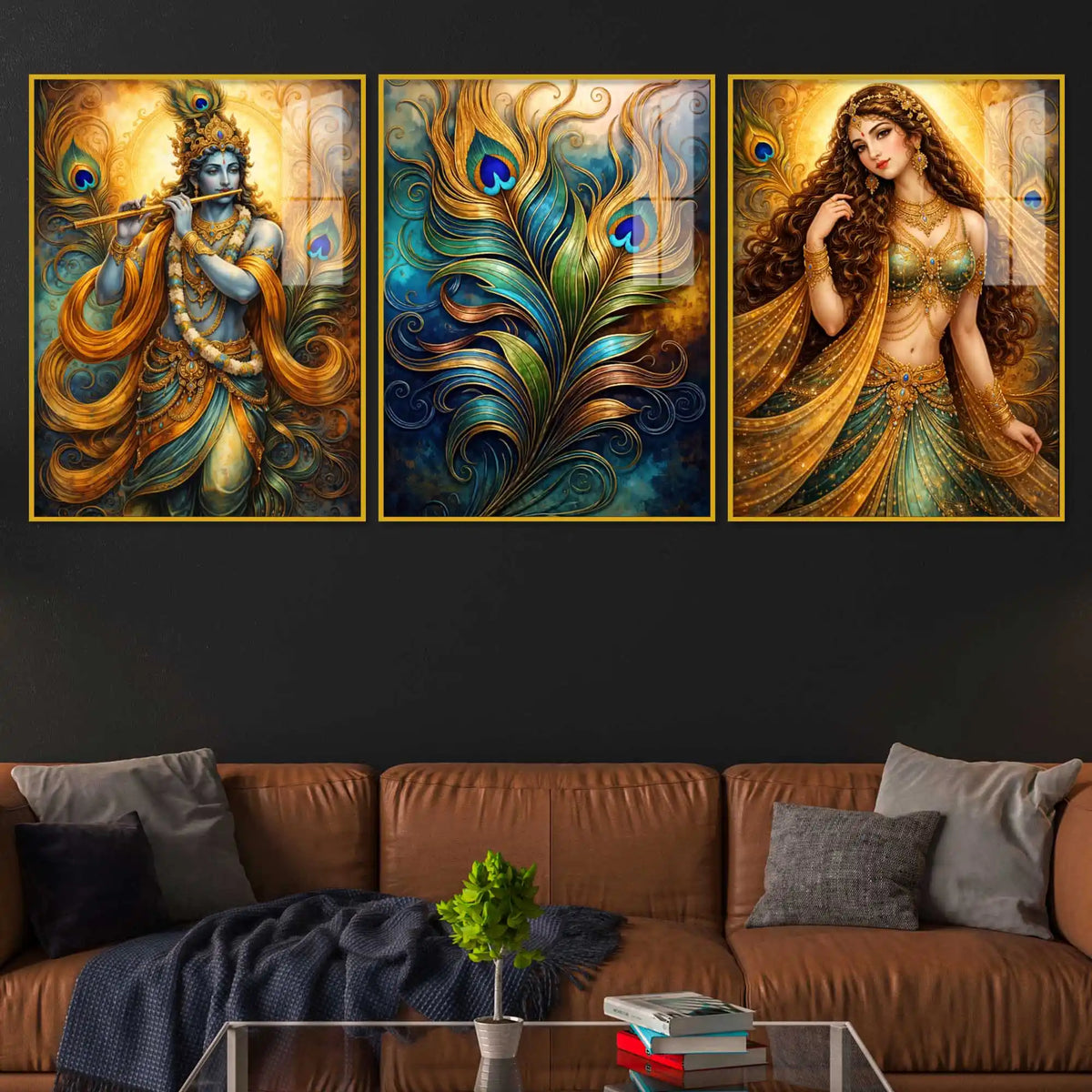 Luxury Radha Krishna Triptych Art Acrylic Floating Wall Painting Set of 3