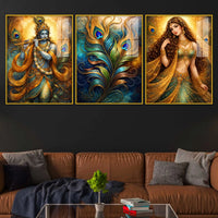 Luxury Radha Krishna Triptych Art Acrylic Floating Wall Painting Set of 3