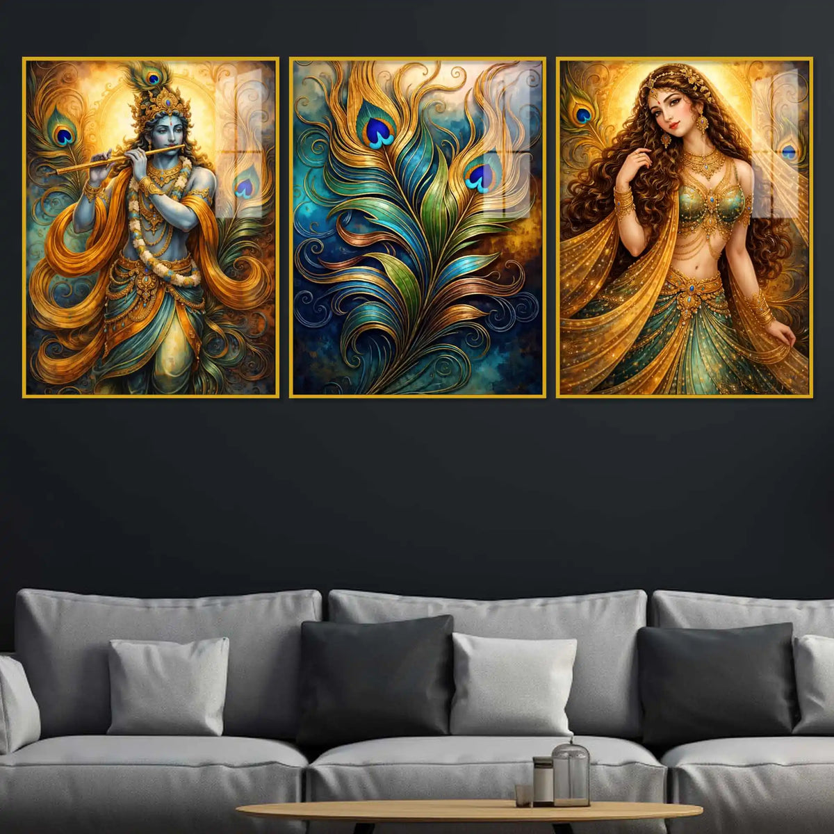 Luxury Radha Krishna Triptych Art Acrylic Floating Wall Painting Set of 3