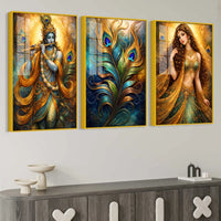 Luxury Radha Krishna Triptych Art Acrylic Floating Wall Painting Set of 3