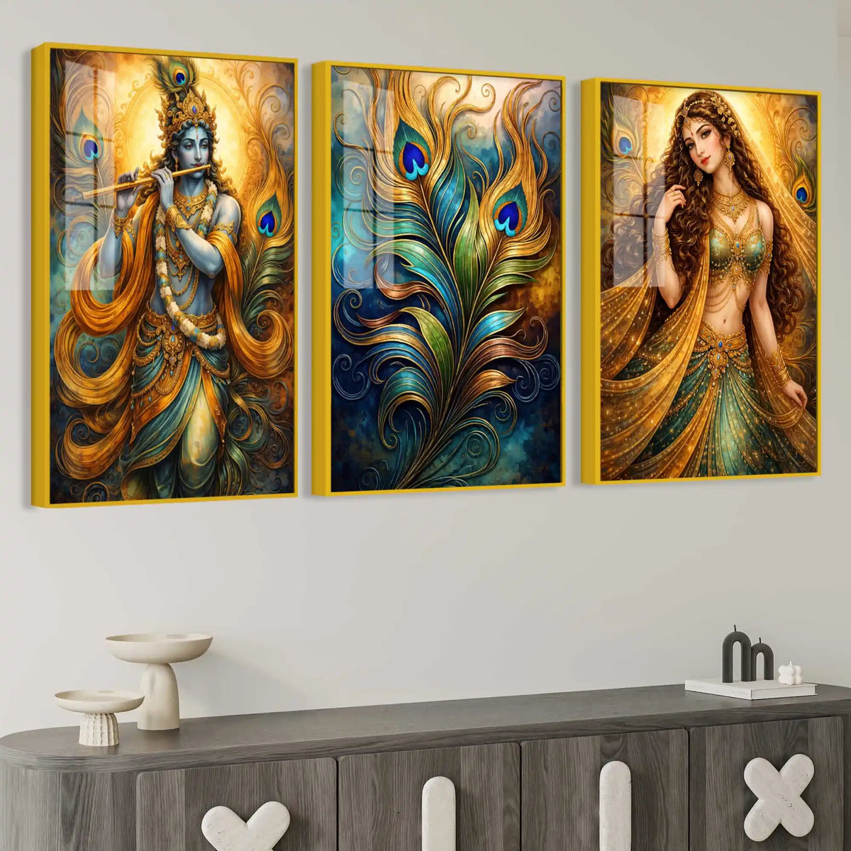 Luxury Radha Krishna Triptych Art Acrylic Floating Wall Painting Set of 3