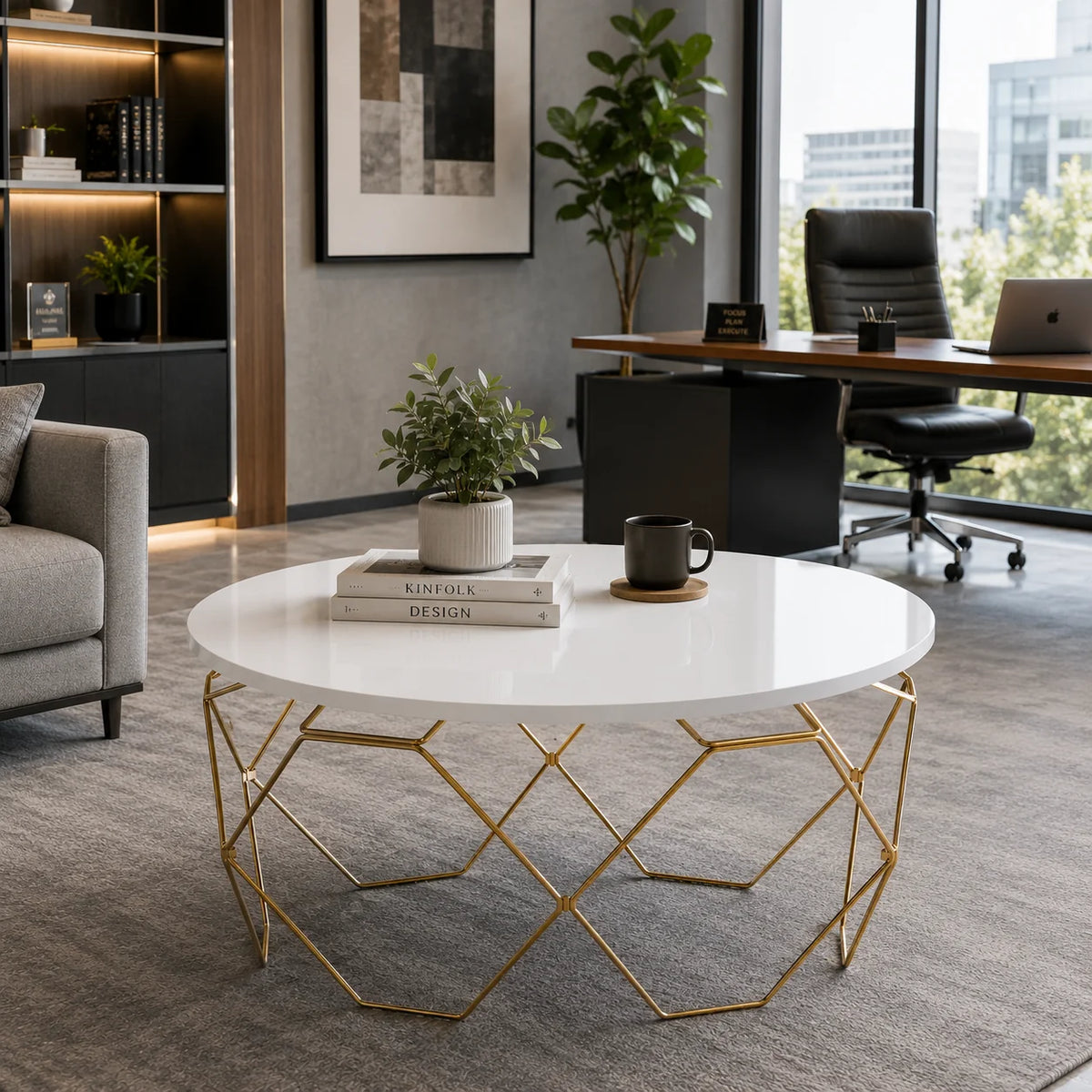 Luxury Round Center Table with White Top and Gold Honeycomb Frame