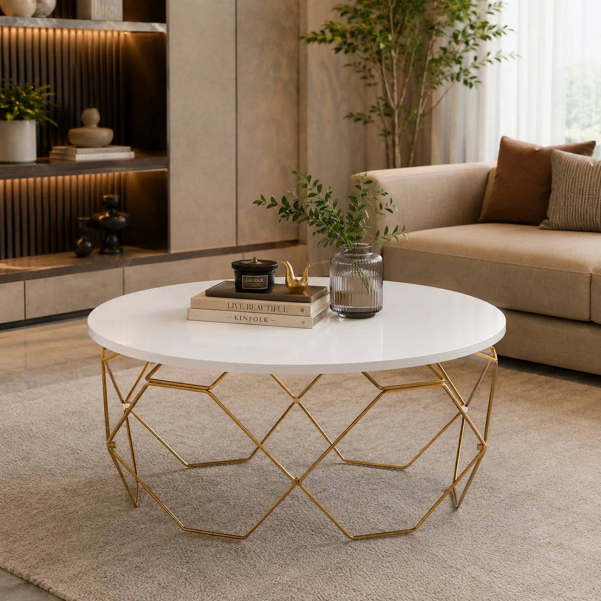 Luxury Round Center Table with White Top and Gold Honeycomb Frame