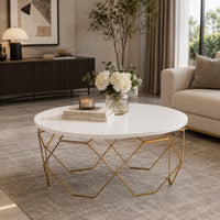 Luxury Round Center Table with White Top and Gold Honeycomb Frame