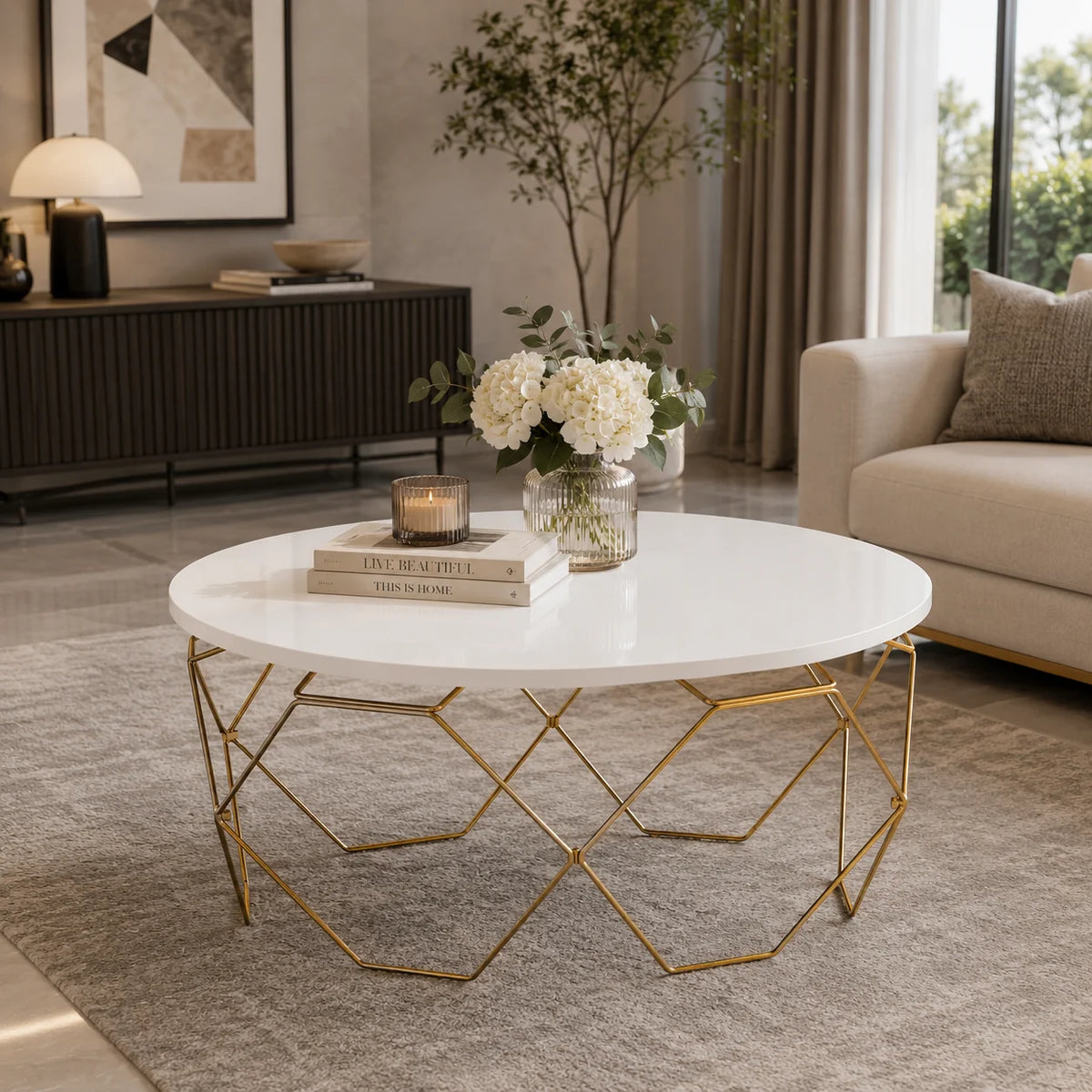 Luxury Round Center Table with White Top and Gold Honeycomb Frame