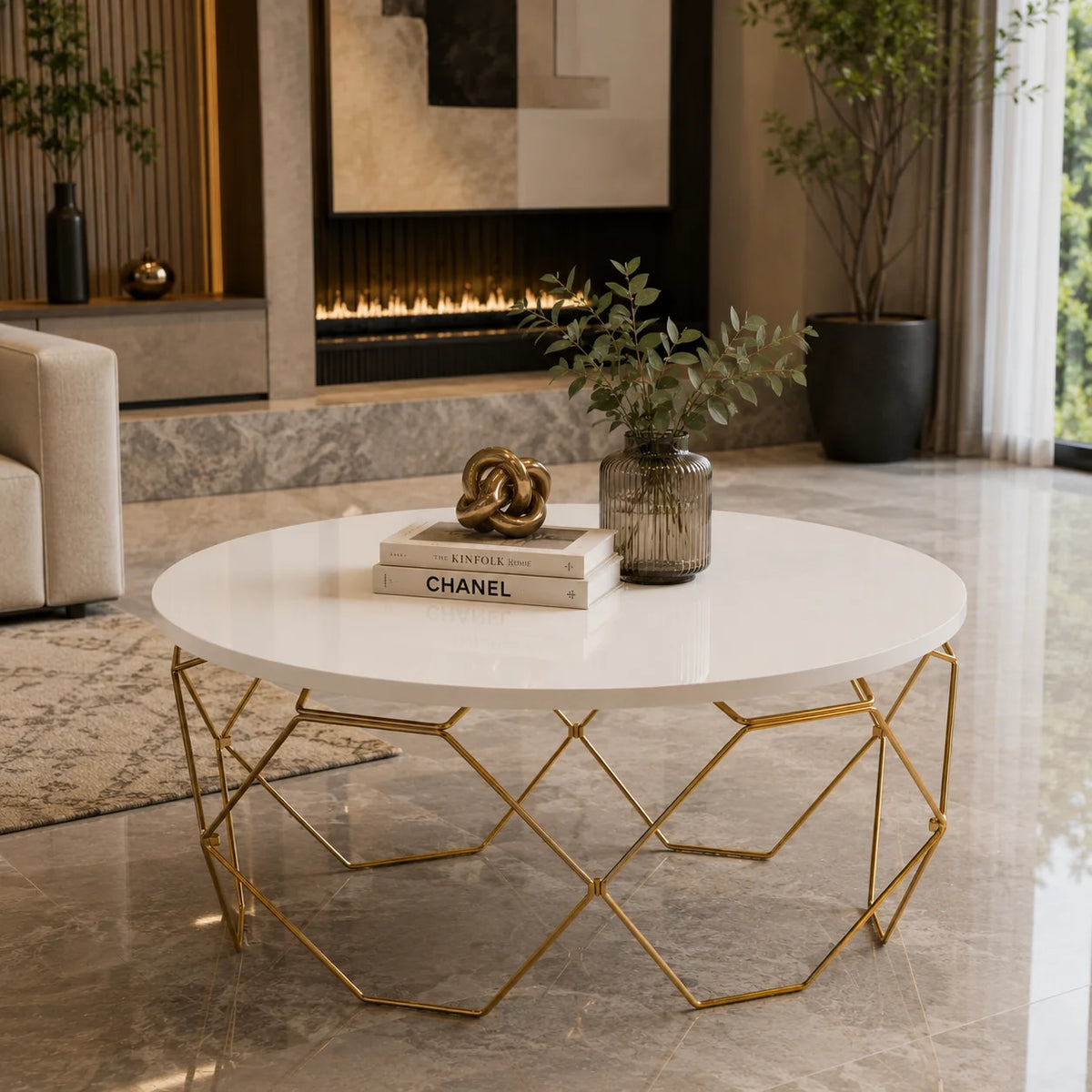 Luxury Round Center Table with White Top and Gold Honeycomb Frame