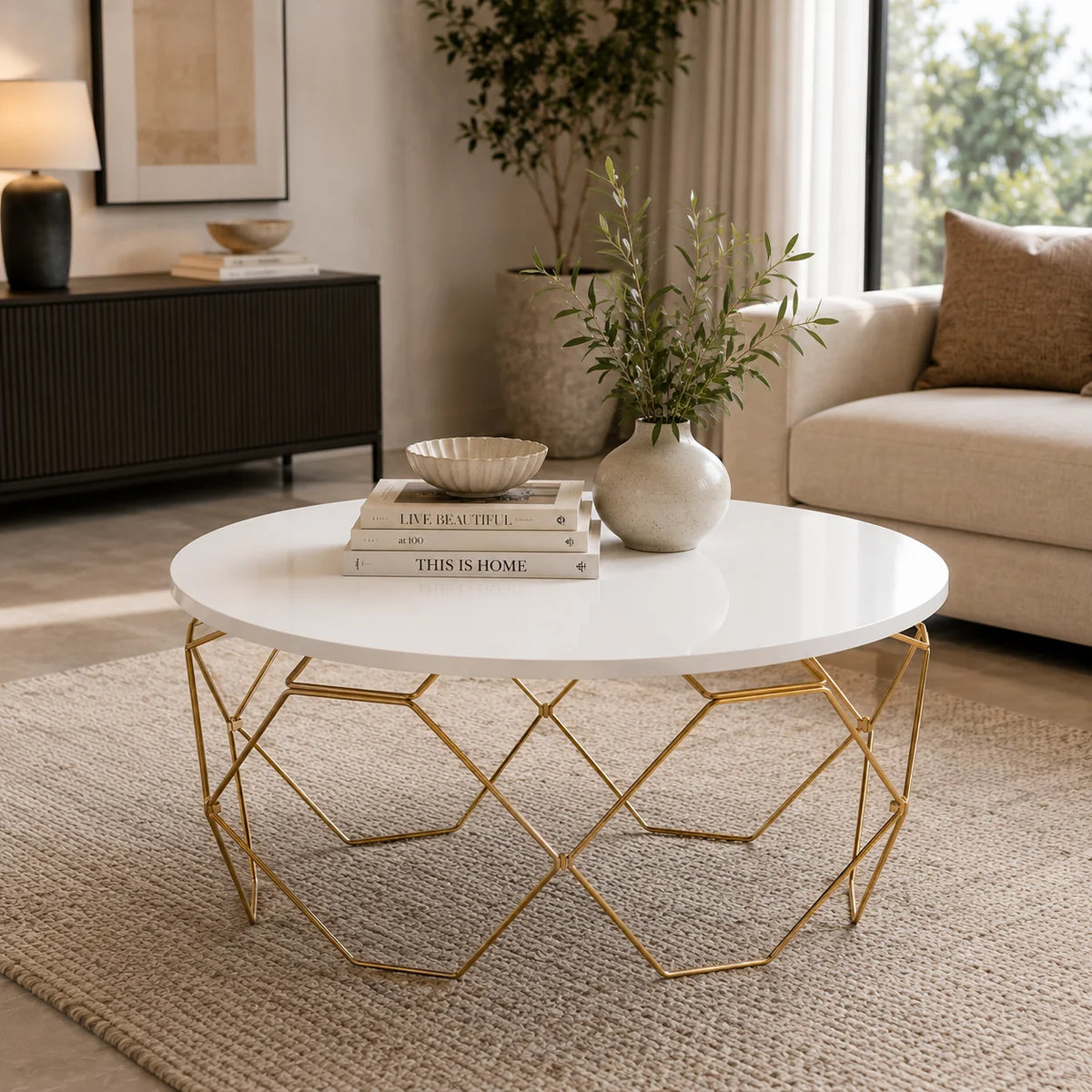 Luxury Round Center Table with White Top and Gold Honeycomb Frame