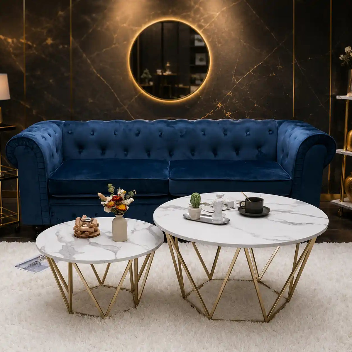 Luxury Round Marble Top Metal Coffee Table Duo