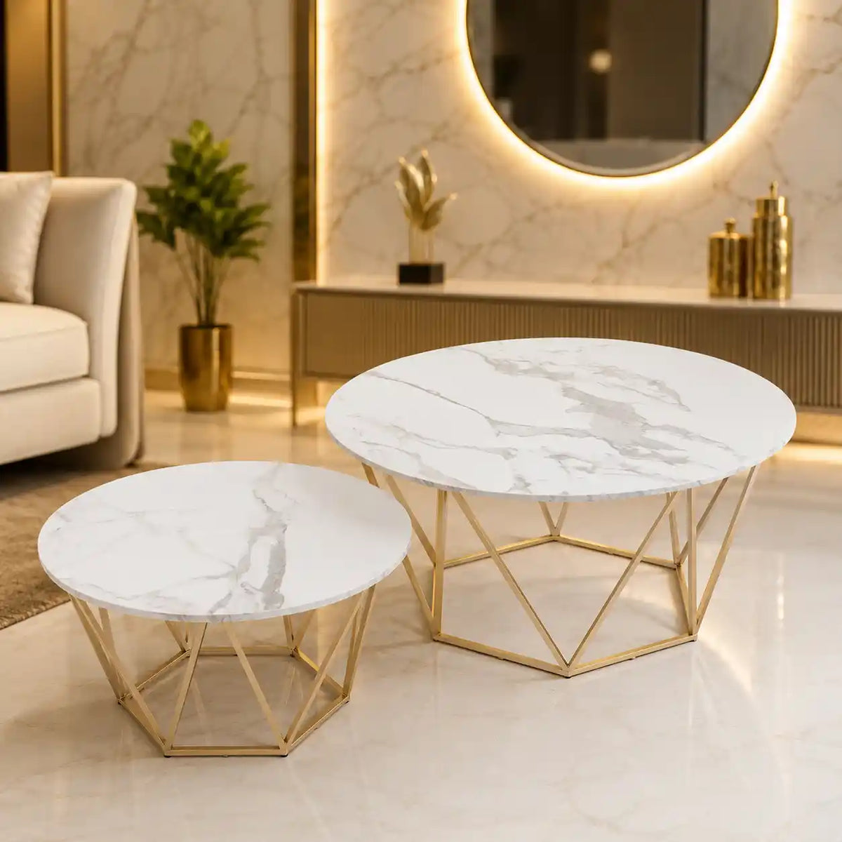Luxury Round Marble Top Metal Coffee Table Duo