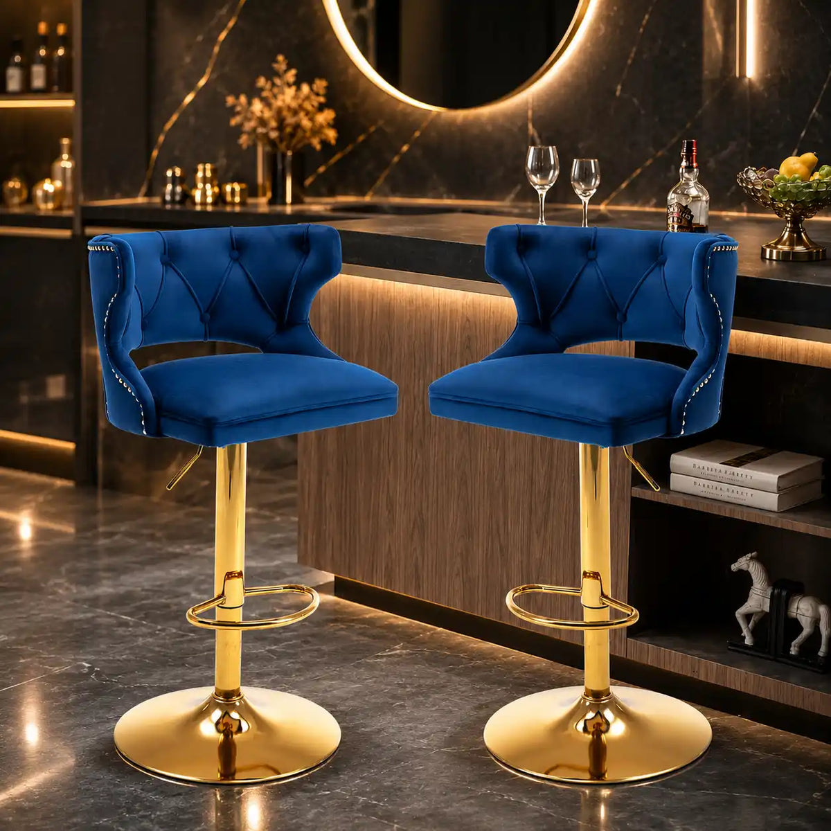 Luxury Royal Blue Velvet Bar Lounge Chair with Gold Base
