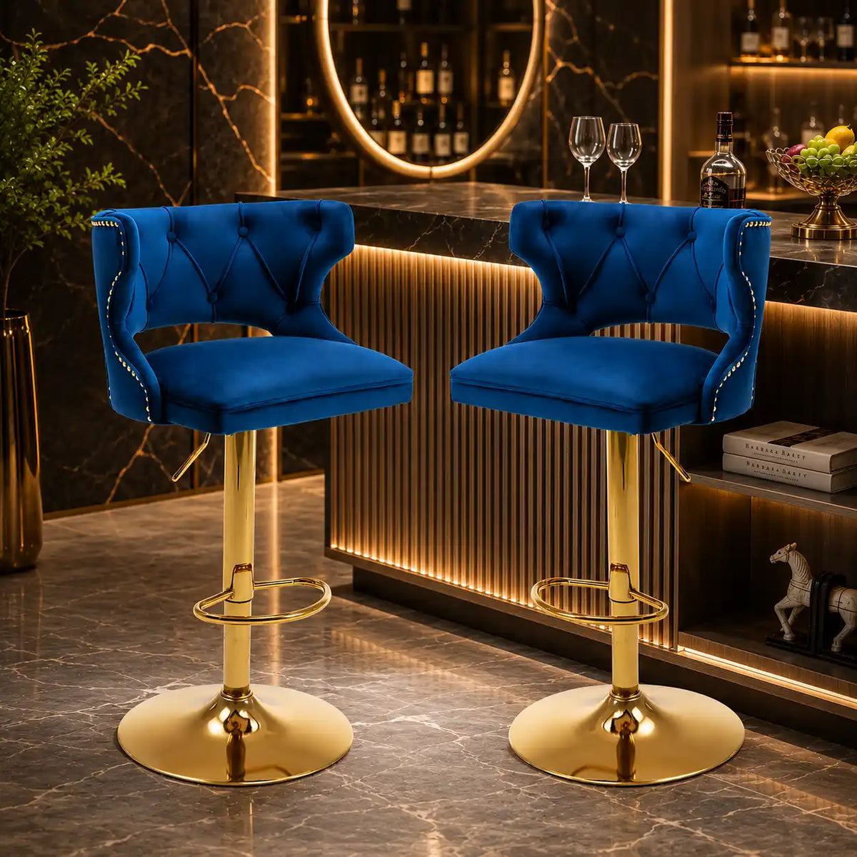 Luxury Royal Blue Velvet Bar Lounge Chair with Gold Base