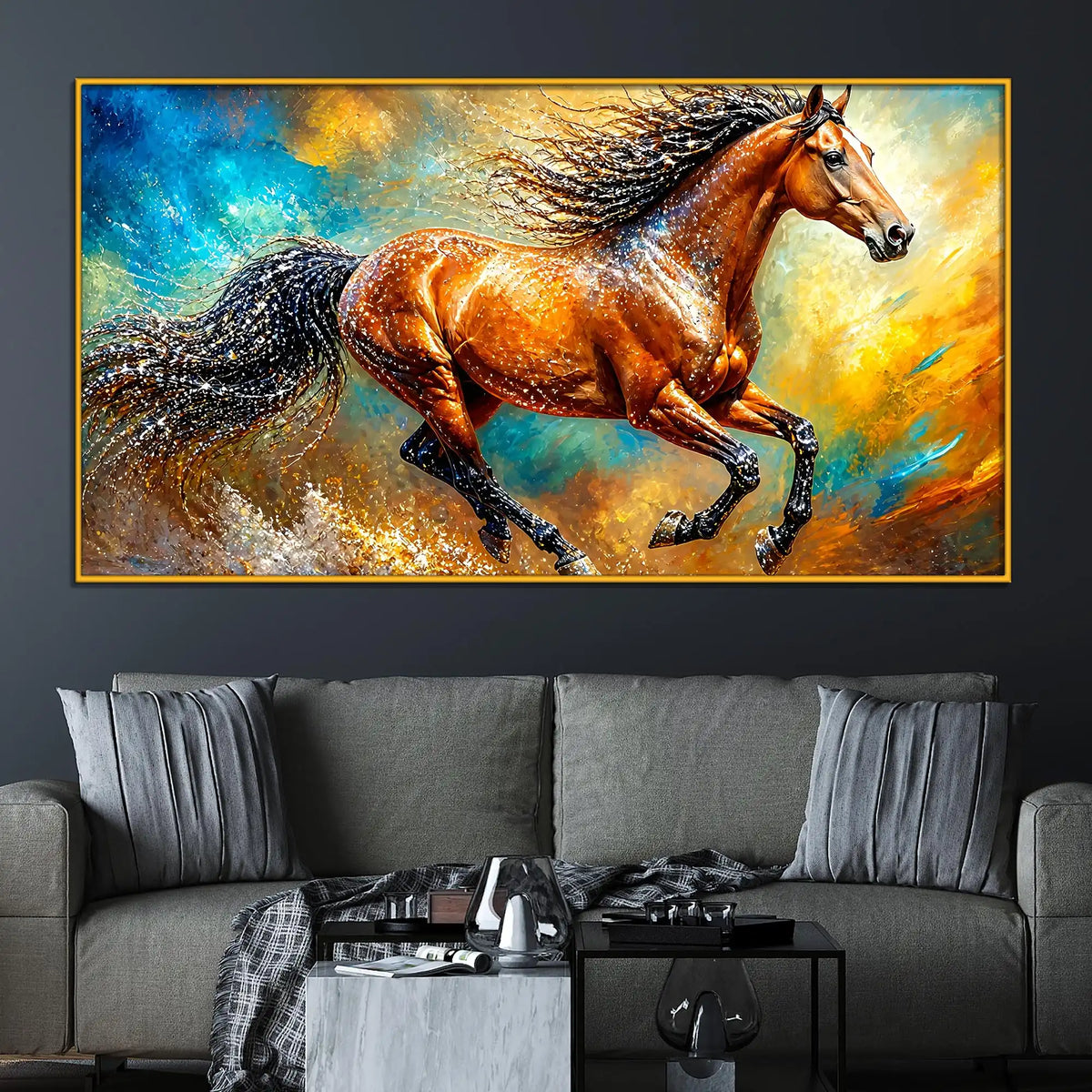 Luxury Running Horse Floating Frame Crystal Wall Painting