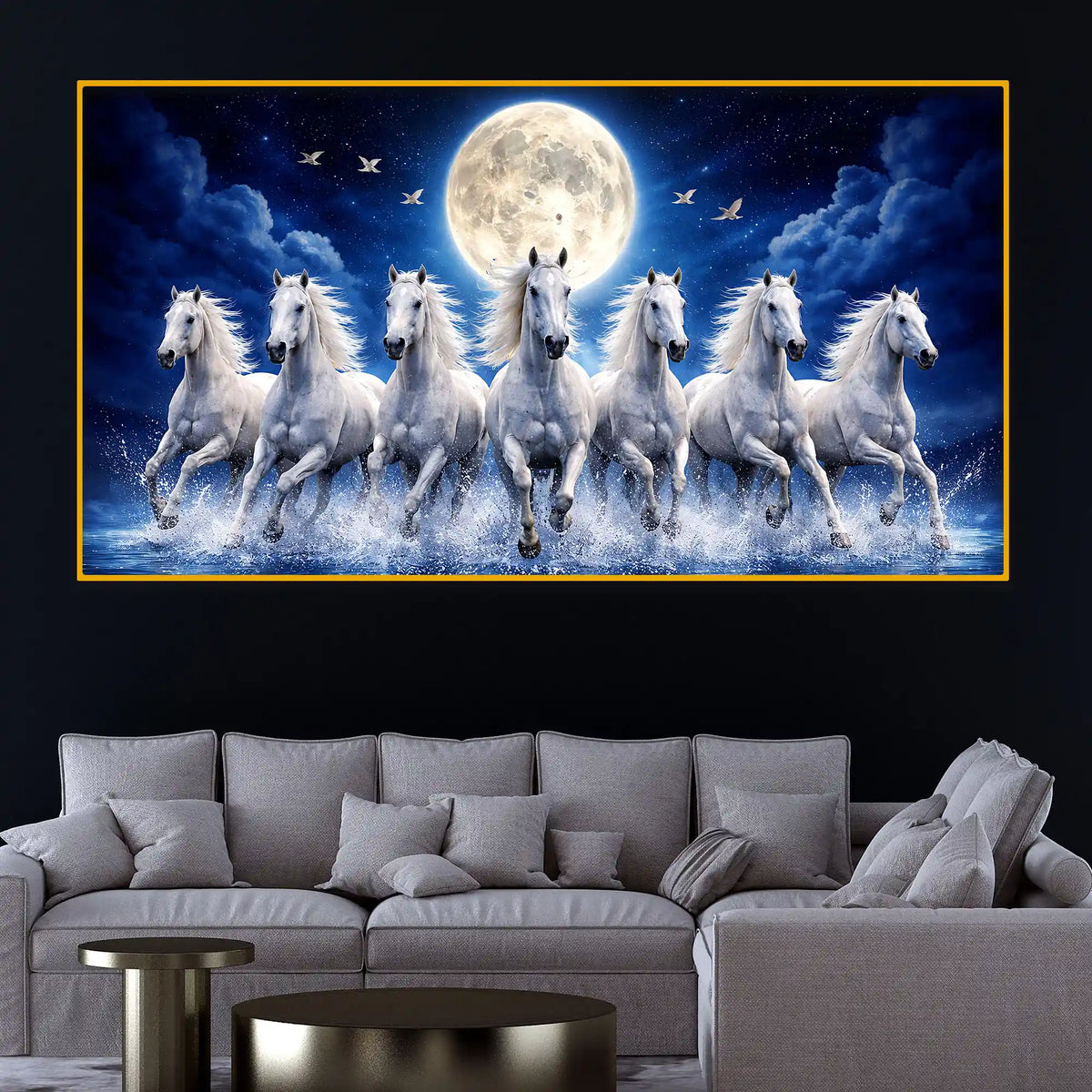 Luxury Running White Horses Crystal Glass Wall Painting