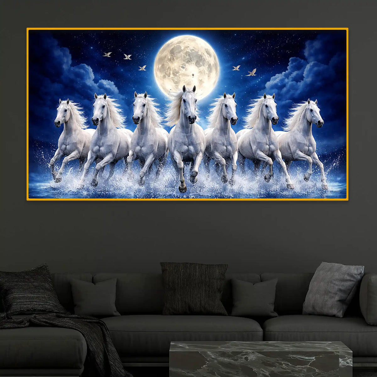 Luxury Running White Horses Crystal Glass Wall Painting