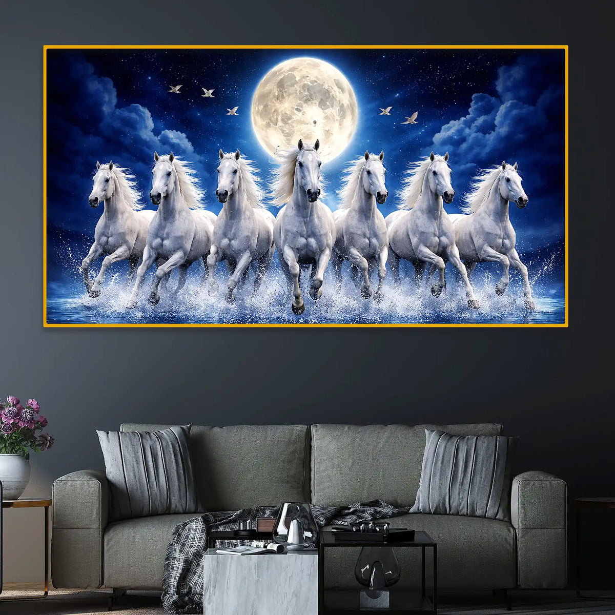 Luxury Running White Horses Crystal Glass Wall Painting