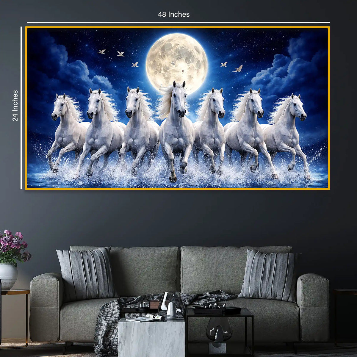 Luxury Running White Horses Crystal Glass Wall Painting