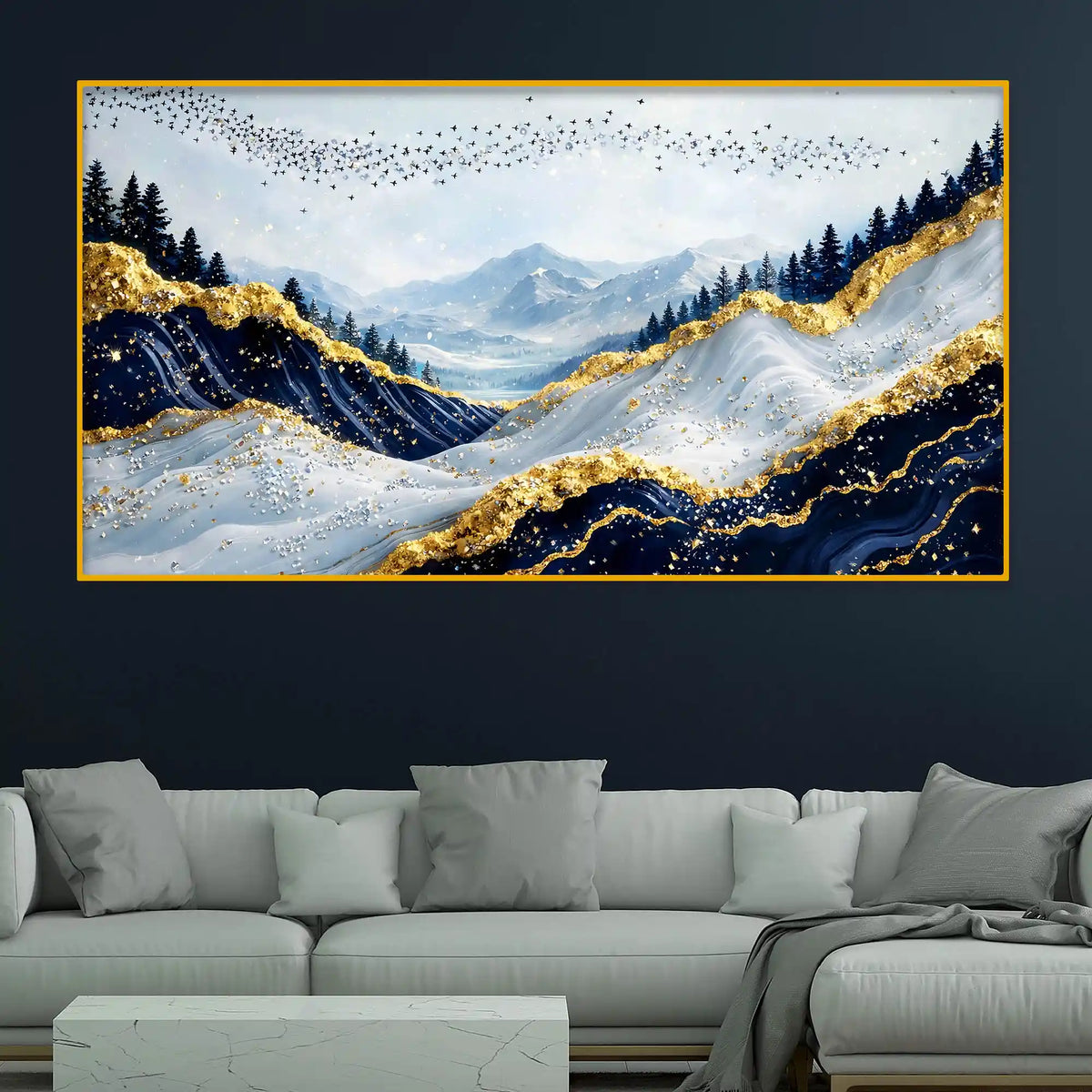 Luxury Scenic Mountain & Birds Wall Décor Crystal Glass Painting
