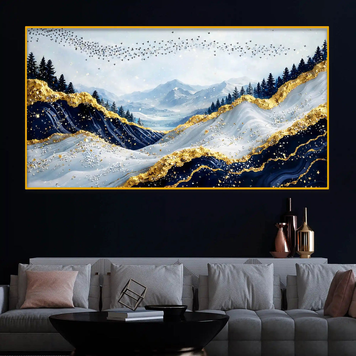 Luxury Scenic Mountain & Birds Wall Décor Crystal Glass Painting