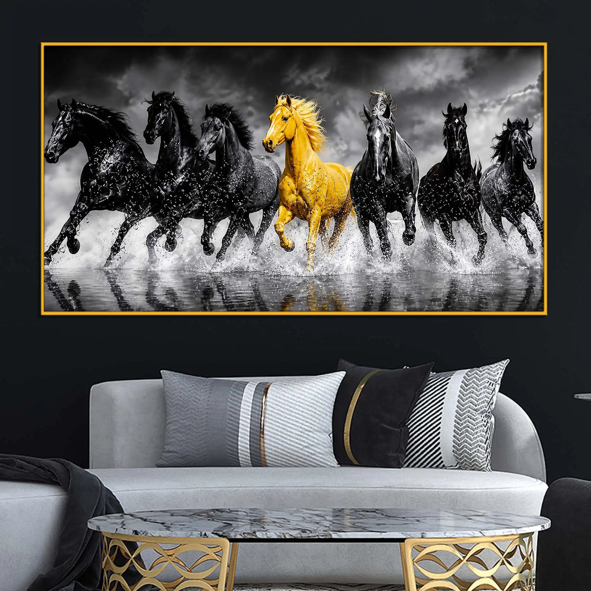Luxury Seven Horses Floating Frame Crystal Wall Painting for Living Room