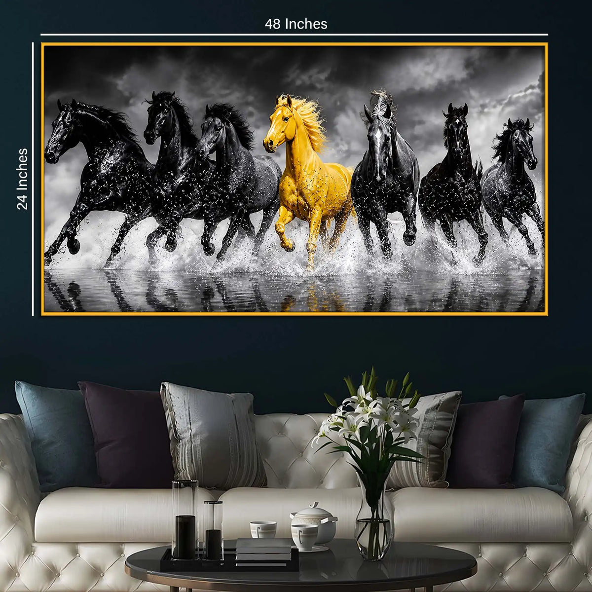 Luxury Seven Horses Floating Frame Crystal Wall Painting for Living Room