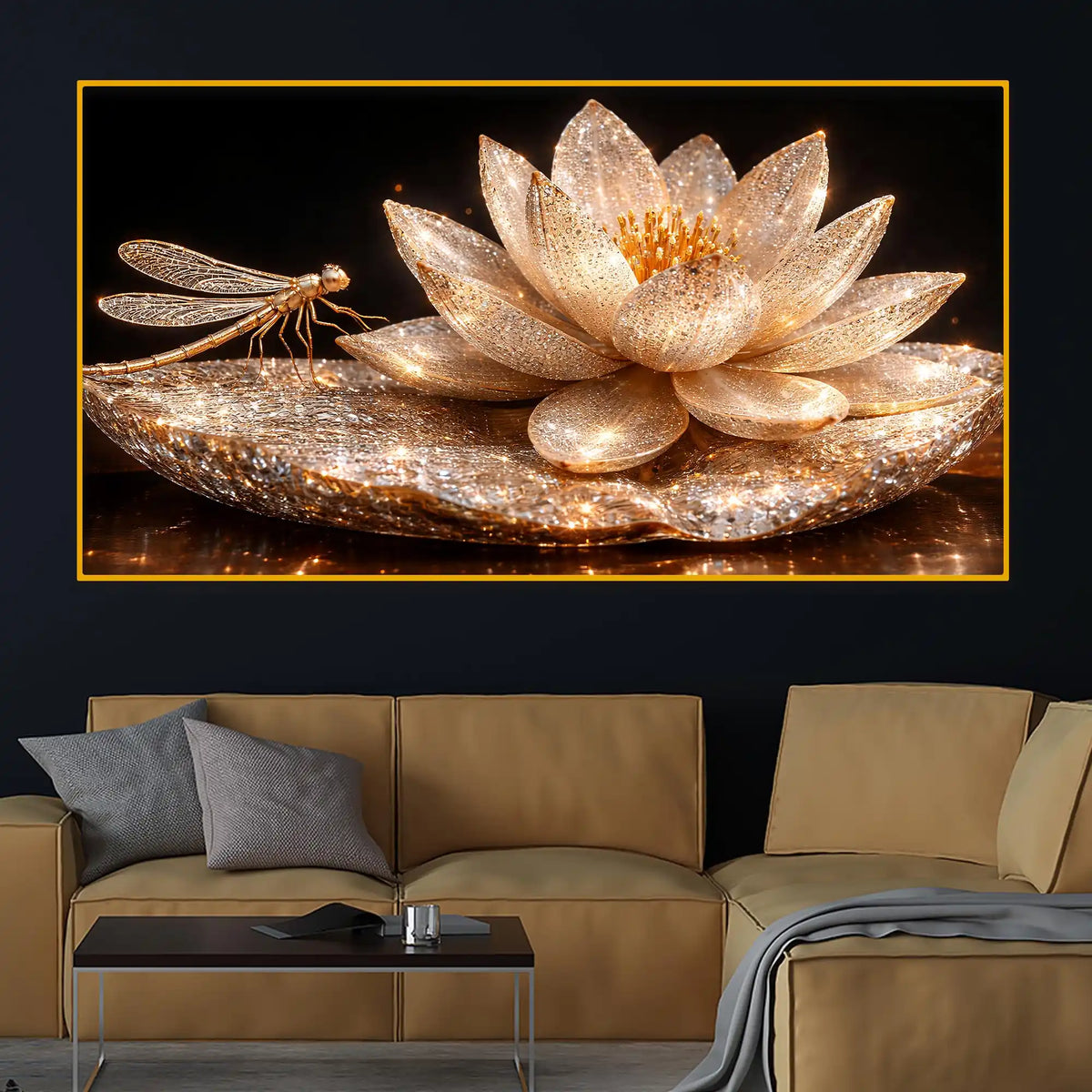Luxury Shimmering Lotus Flower Crystal Glass Wall Painting for Premium Wall Décor