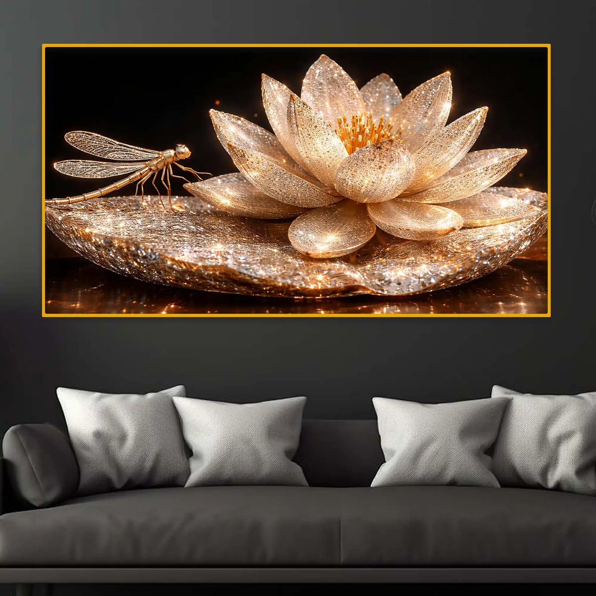 Luxury Shimmering Lotus Flower Crystal Glass Wall Painting for Premium Wall Décor