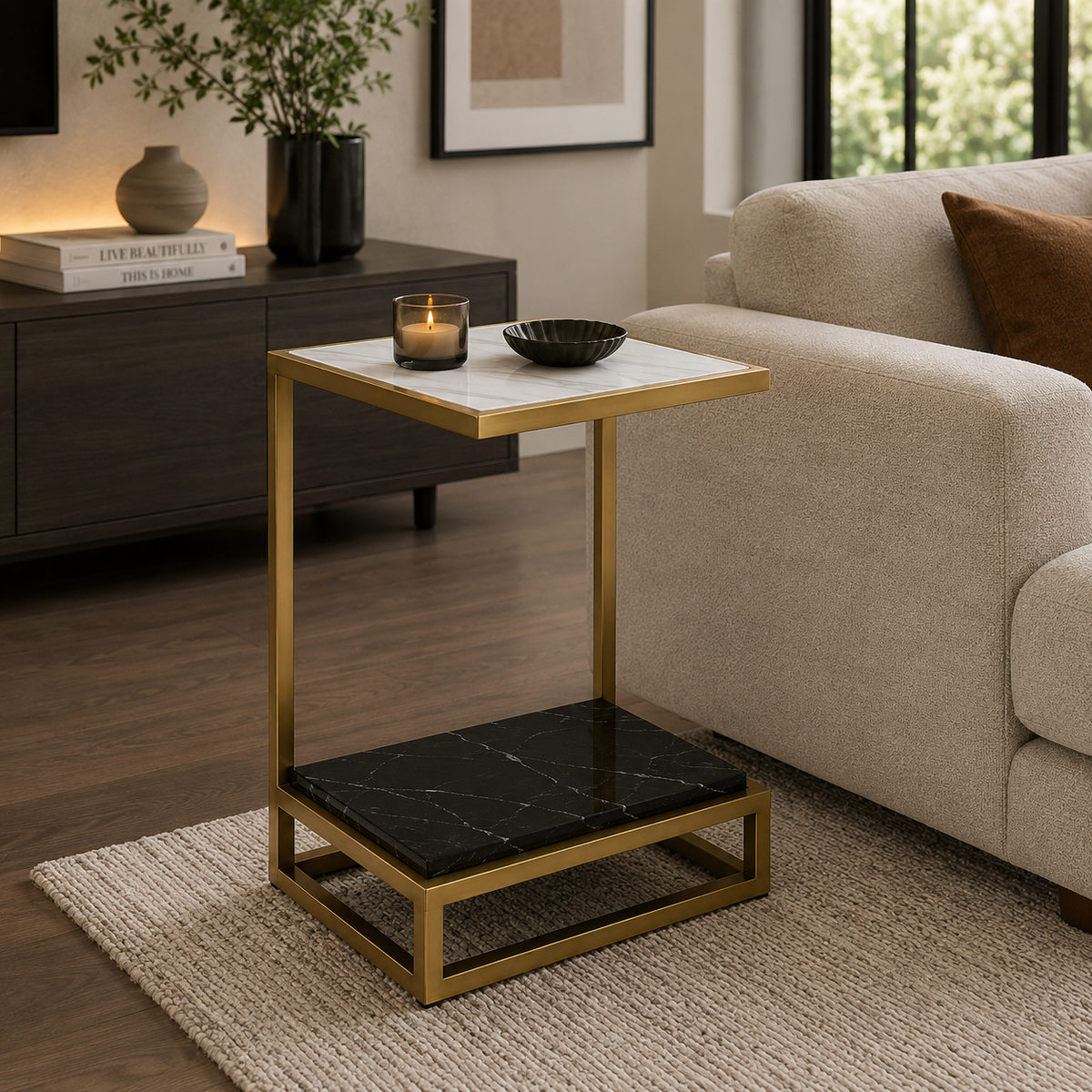 Luxury Sofa Side Table with Marble Shelves