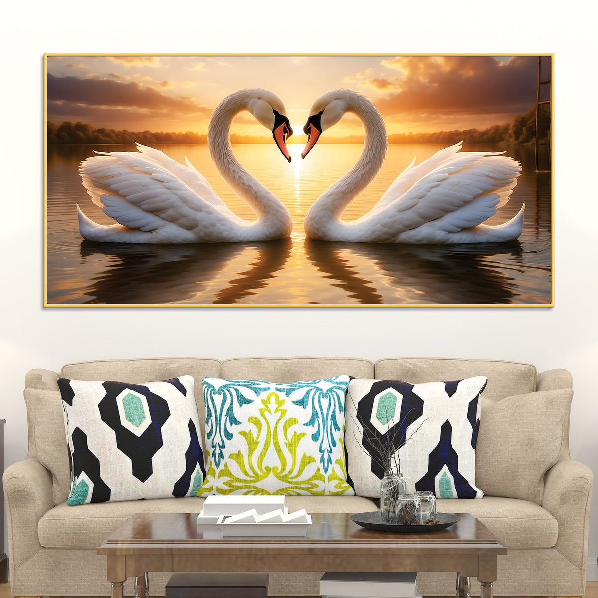 Luxury Swan Couple Wall Art Painting for Romantic Interiors