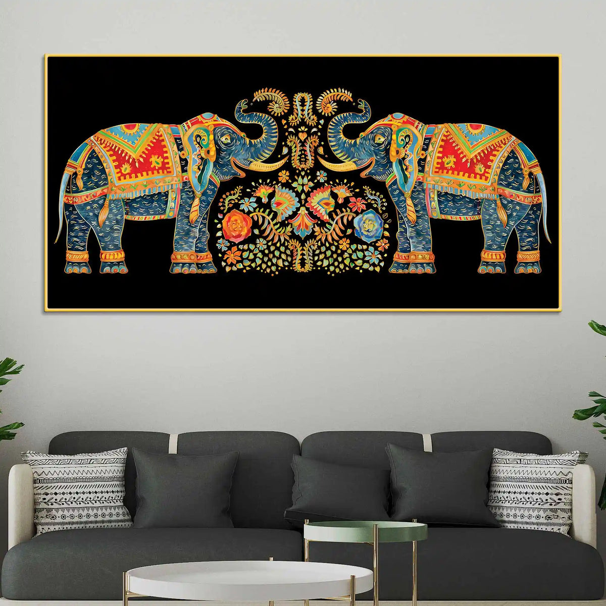 Luxury Twin Elephant Traditional Indian Pattern Canvas Wall Painting