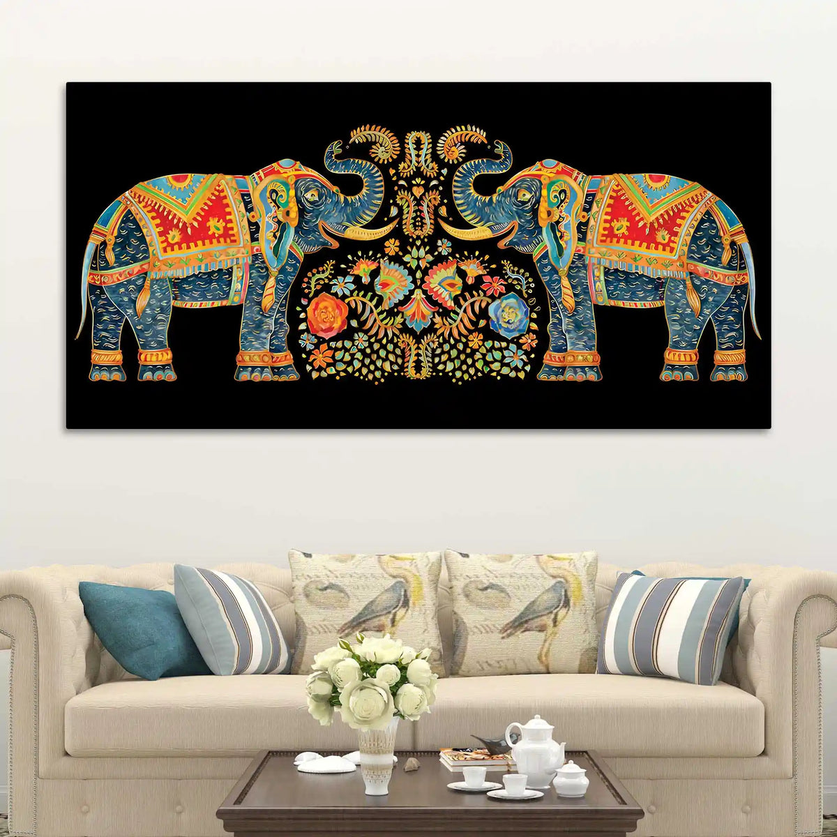 Luxury Twin Elephant Traditional Indian Pattern Canvas Wall Painting