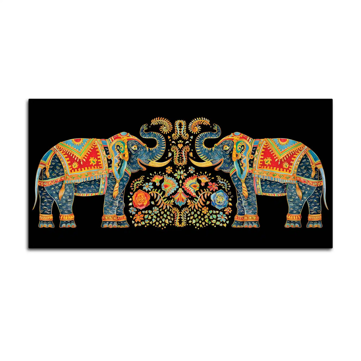 Luxury Twin Elephant Traditional Indian Pattern Canvas Wall Painting