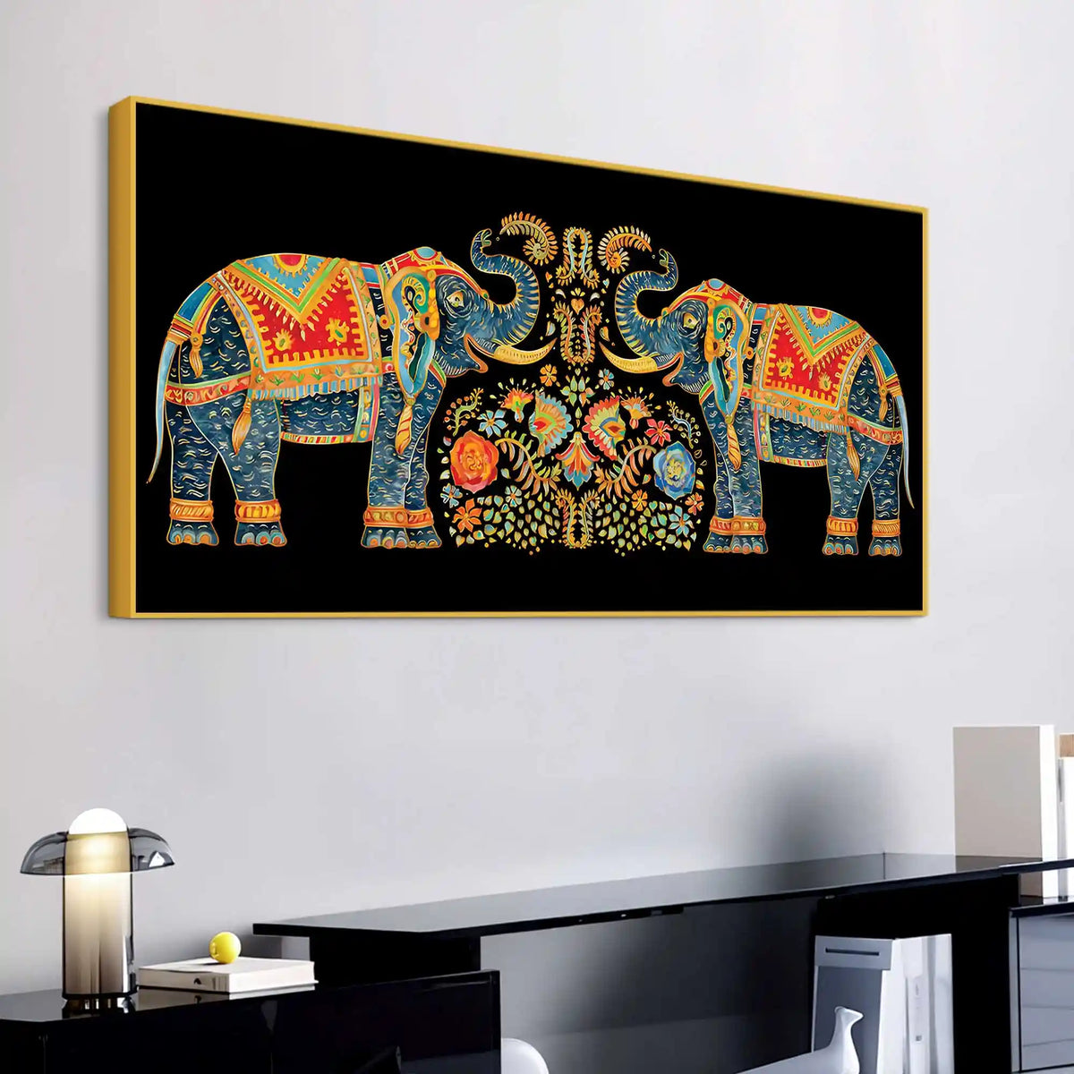 Luxury Twin Elephant Traditional Indian Pattern Canvas Wall Painting