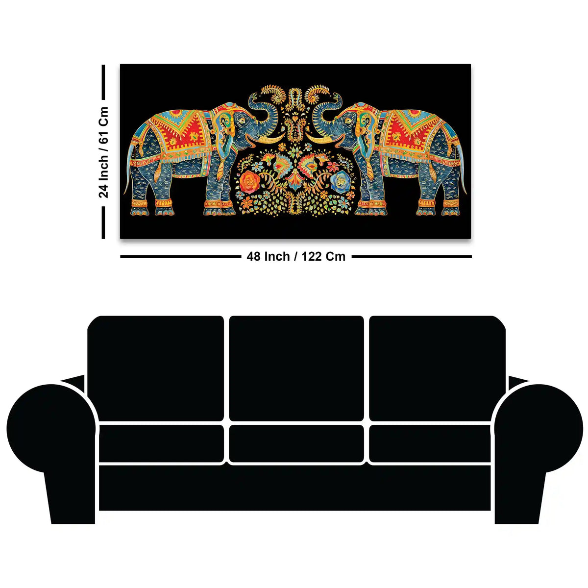 Luxury Twin Elephant Traditional Indian Pattern Canvas Wall Painting