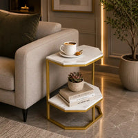 Luxury Two Tier Side Table with White Marble Top and Gold Frame