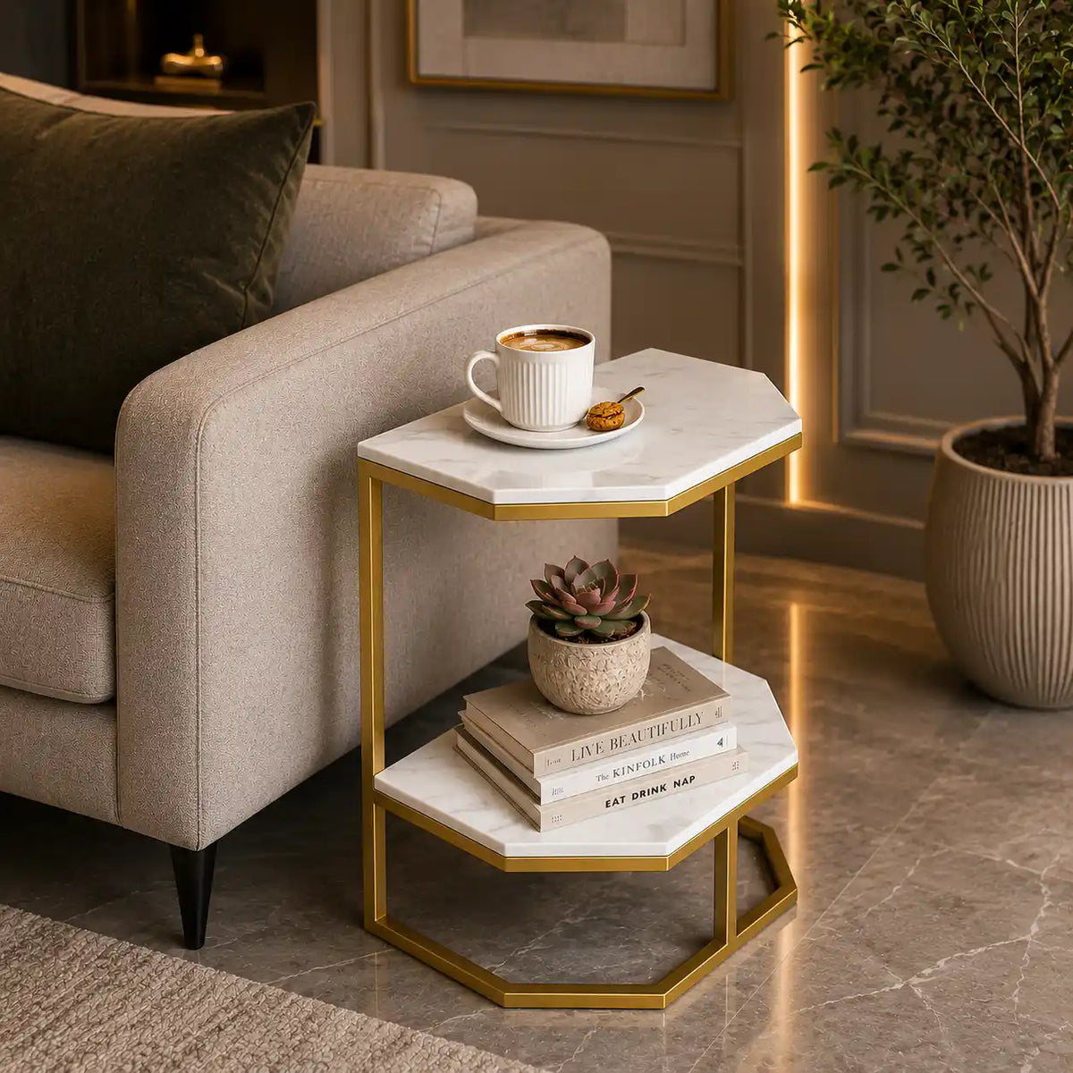Luxury Two Tier Side Table with White Marble Top and Gold Frame