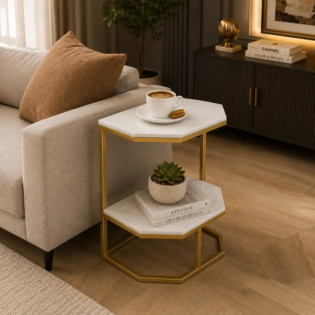 Luxury Two Tier Side Table with White Marble Top and Gold Frame